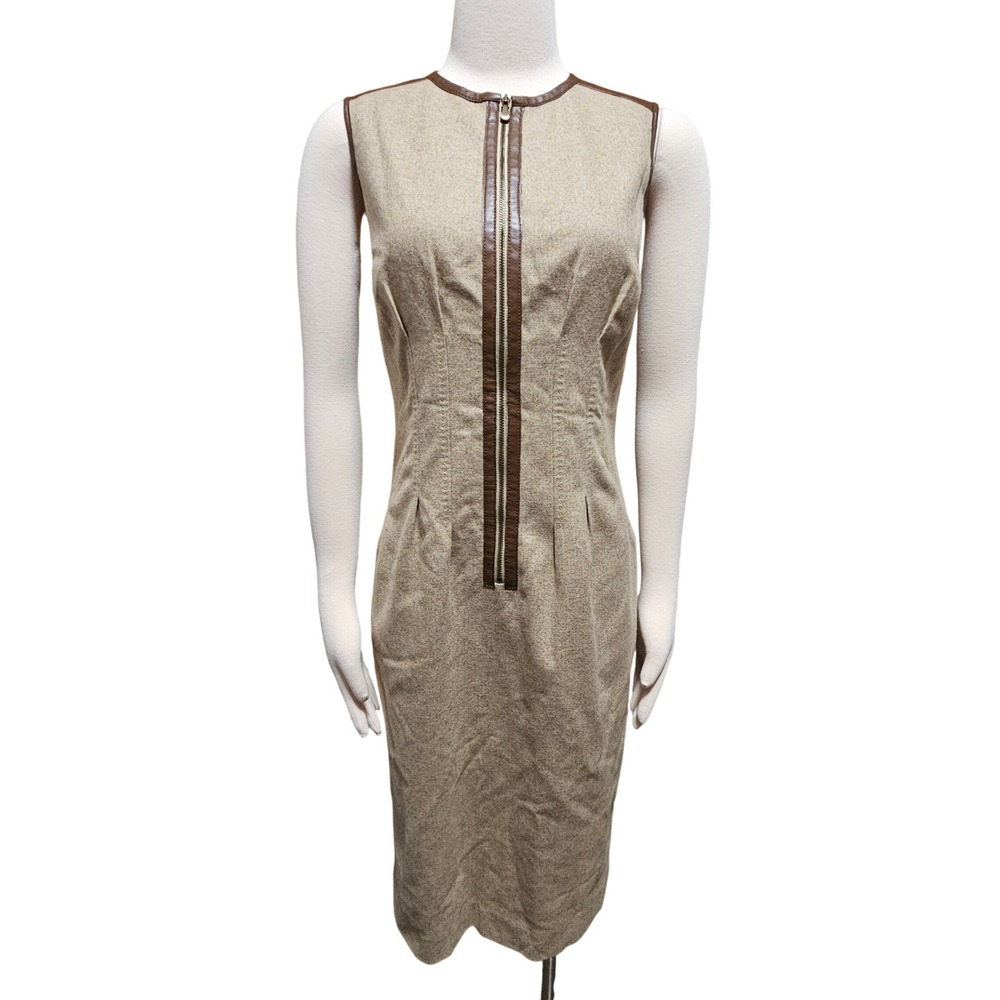Magaschoni Collection Tan Wool Herringbone Sleeveless Zip Front Sheath Dress 6